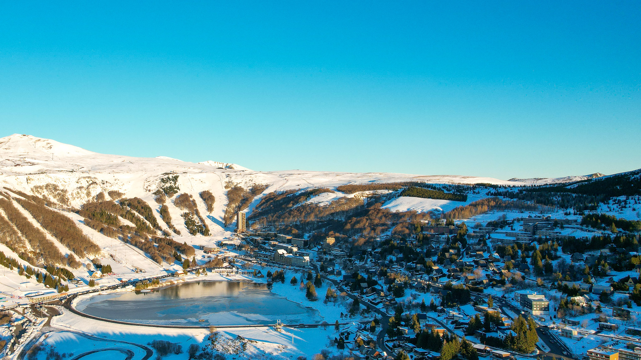 Super Besse: Aerial Panorama of Lac des Hermines at Puy du Chambourguet