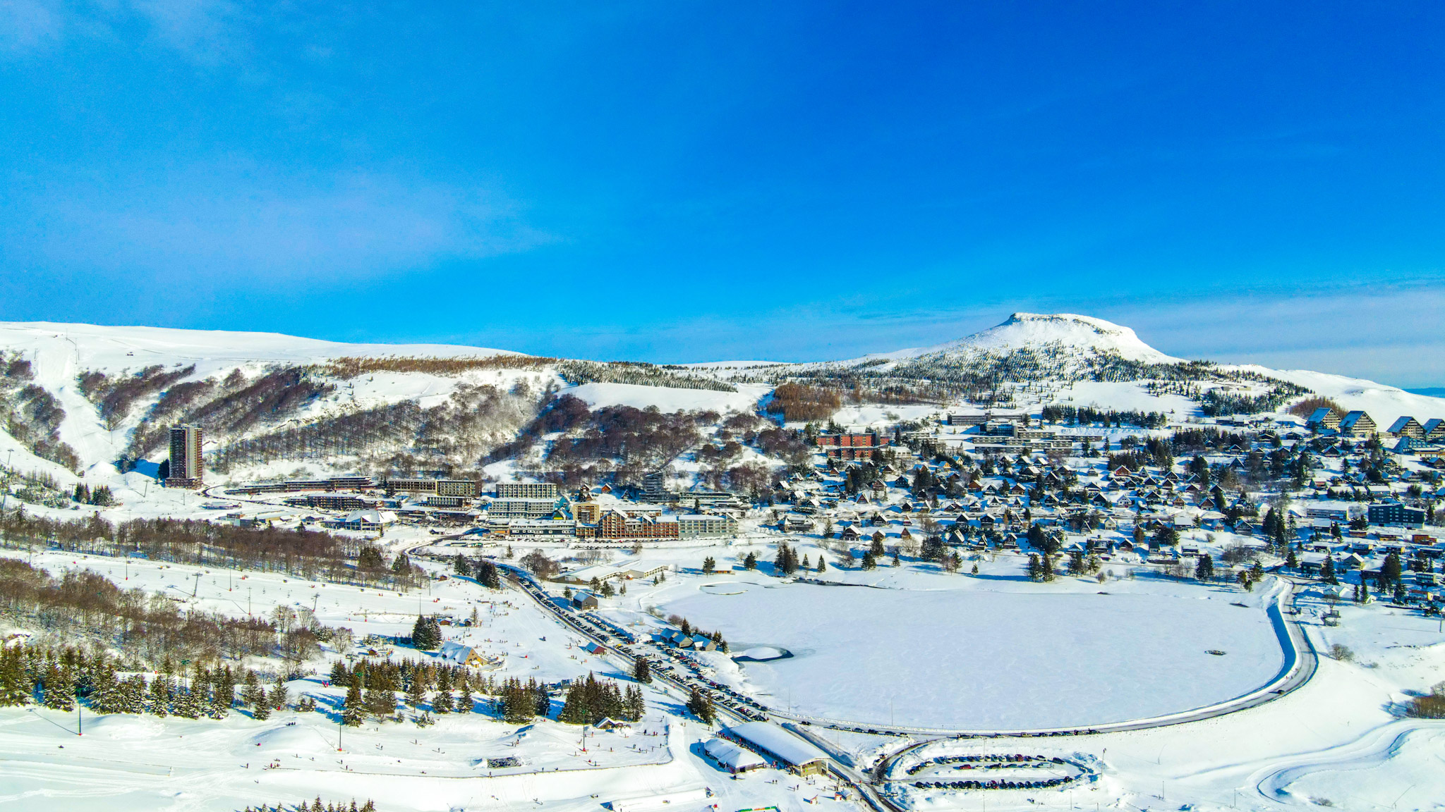 Super Besse Seen from the Sky: Frozen Lake of Hermines, Magical Winter Landscape