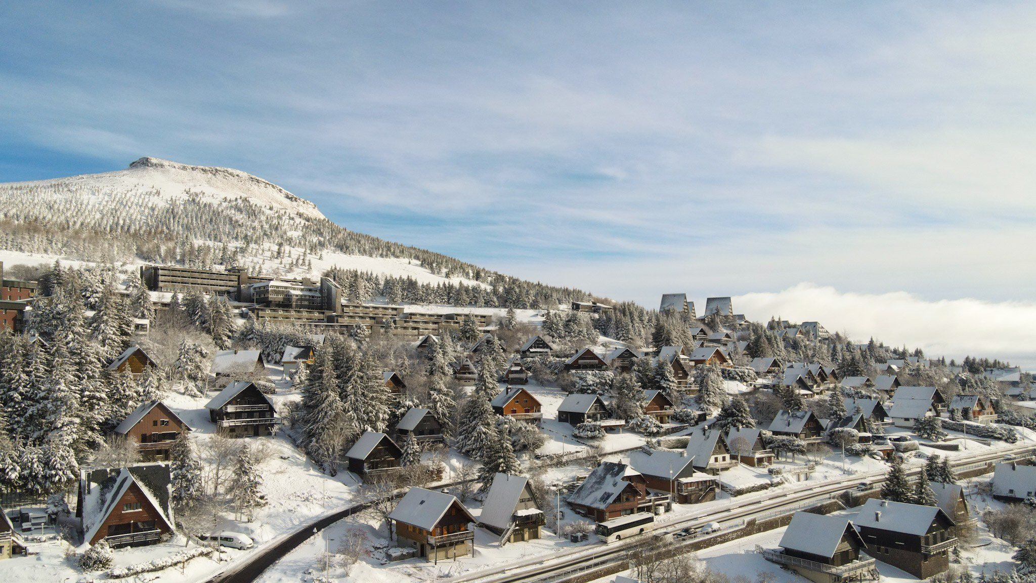 Super Besse - Snow-covered VVF and Puy du Chambourguet, Magical Aerial View