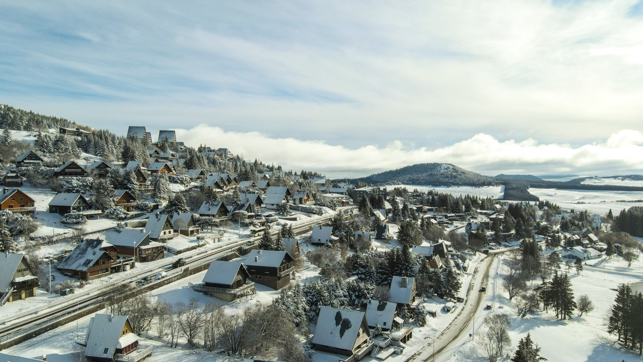 Super Besse - Snowy Chalet Village, Magical Aerial View